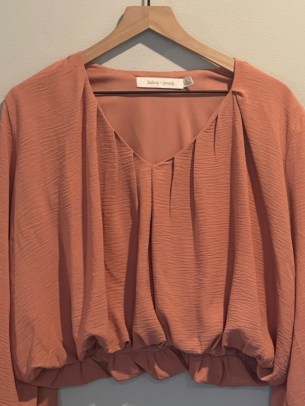 Bishop + Young Bubble Hem Long-Sleeve Blouse, Cropped, V Neck, Pink, Size M - Picture 15 of 16